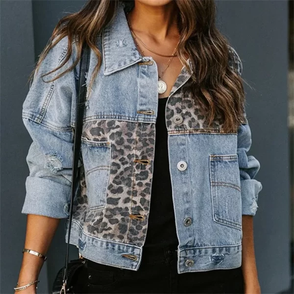 Long Sleeve Jacket Vintage Women's Jacket Leopard Patchwork Ripped Denim Top Casual Cowboy Denim Jacket