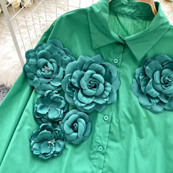 LW0519 Retro Light Luxury Polo Collar Shirt Women Three-Dimensional Flower Loose Design Sense of Temperament Blouse
