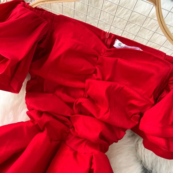 LE2454 Runway Pleated Off-The-Shoulder Dinner Dress Lady Red Minority Toasting Midi Dress Socialite Party Large Hem Banquet Robe