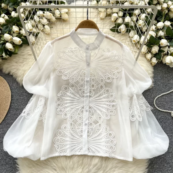 LW0372 French 2025 New Lantern Sleeve Hollowed-Out Lace Embroidery Blouse Women'S See-Through Mesh Top Shirts for Women