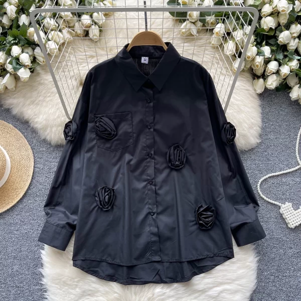 LW0509 Senior Sense Blouse Rose Flower Decoration With a Slim Chic Long-Sleeved Blouses Elegant Women Ladies