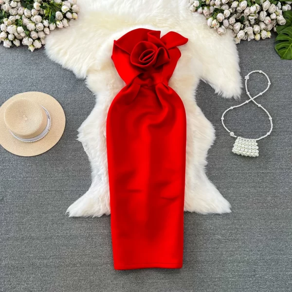 LE2530 Fashion Socialite Midi Evening Dress Three-Dimensional Flower Long Air Cotton Bag Buttock Dresses Woman Hip Wrap Dress