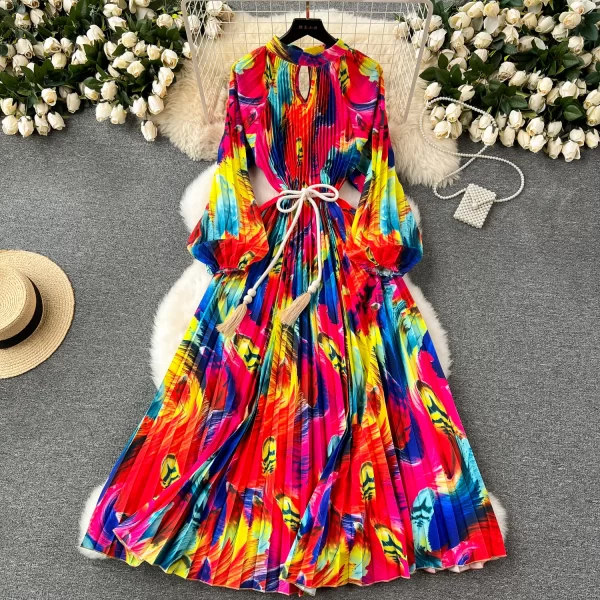 LE2522 Mature Loose Maxi Floral Print Dresses Woman Hollow Office Lady Belted Large Size Long Evening Dress Socialite Party Robe
