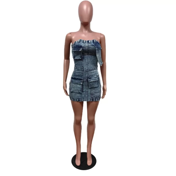 New Spring Off Shoulder Strapless Dress Sexy Backless Tight Mini Dress Fashion Pocket Denim Dresses