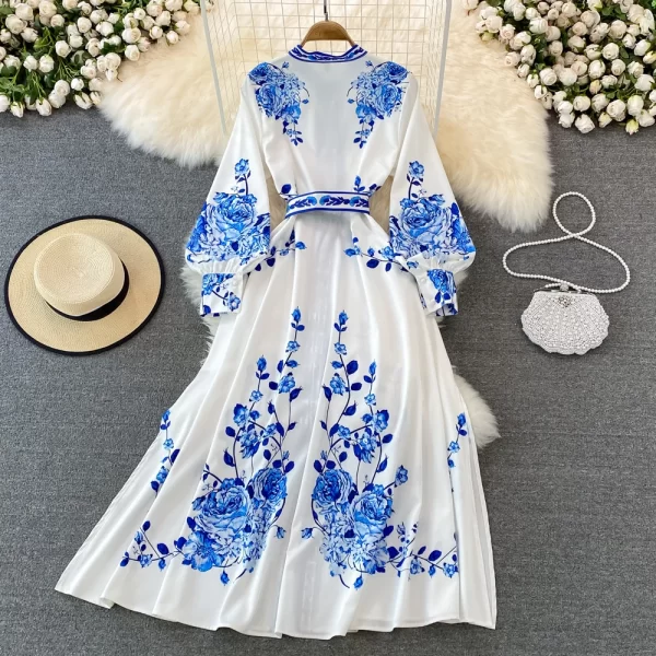 LE2526 Retro Blue and White Porcelain Printed Dresses Stand Collar Single Breasted Dress Elegant Temperament Long Robe