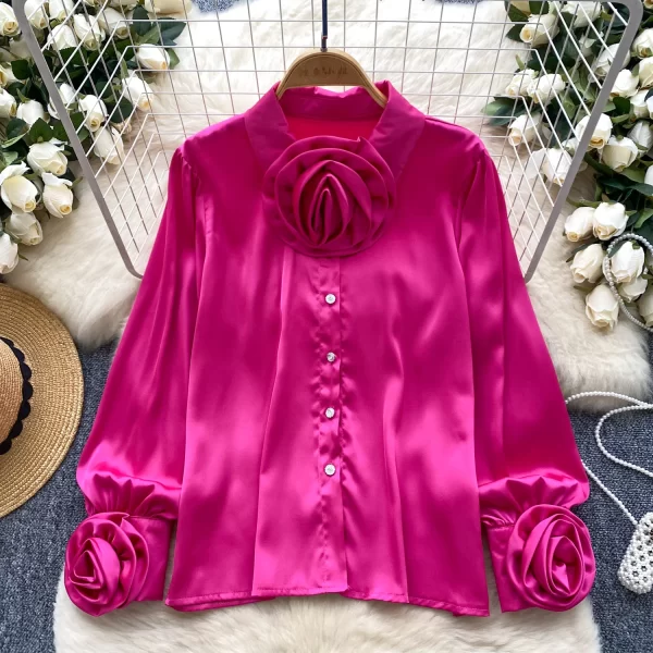 LW0503 2025 New Advanced Sense Flower Lapel Single Breasted Lantern Sleeve Top Small French Satin Shirts for Women Tops