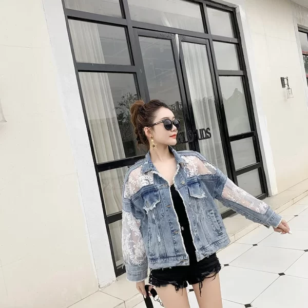 New Women Fashion Plus Size Denim Jacket Light Blue Transparent 3d Lace Sleeve Distressed Denim Jacket Women