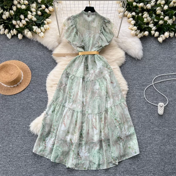 LE2435 Vintage Women Floral Printed Long Dress Falbala Single Breasted Short Sleeve A-Line Maxi Dresses Vacation Long Robes