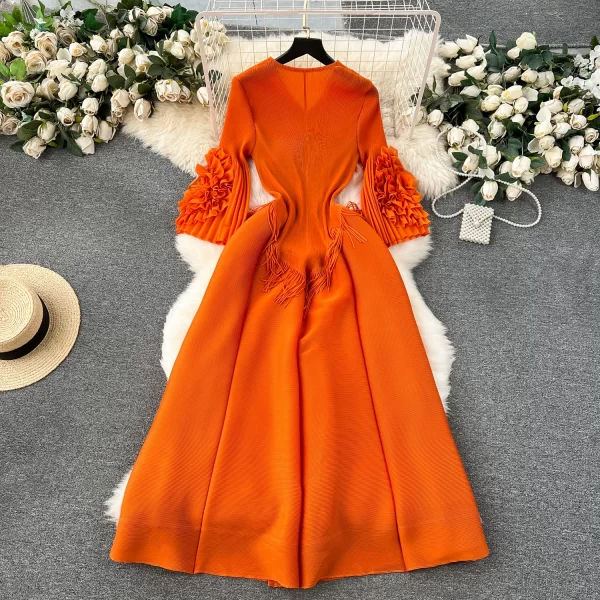 LE2510 Fringe V-Neck Pleated Midi Woman Dresses Loose Fold Flare Sleeves Evening Gown Lady Boutique Socialite Holiday Dress