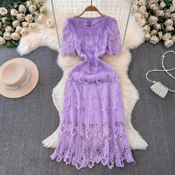 LE2433 Temperament Hollow Hook Flower Office Lady Dresses Woman Holiday Party Lace Dress Elegant Boutique Embroidery Midi Dress
