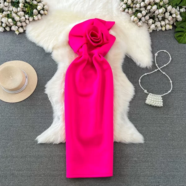 LE2530 Fashion Socialite Midi Evening Dress Three-Dimensional Flower Long Air Cotton Bag Buttock Dresses Woman Hip Wrap Dress