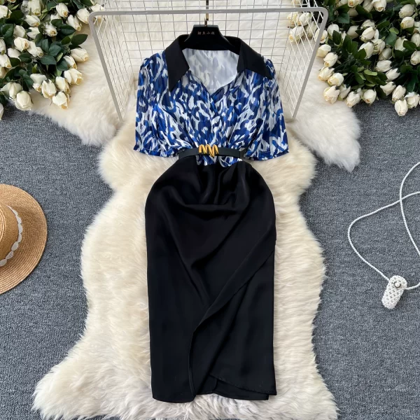 LE2442 Commuter Ladies Midi Women'S Dress Woman Temperament V-Neck Short Sleeve Print Splicing Fold Slim-Fit Wrap Hip Dresses