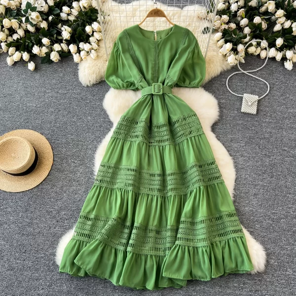 LE2570 Boutique Socialite Party Dress Short Sleeve Woman Exquisite Hollowed-Out Hook Flower Lace Patchwork Midi Evening Dresses