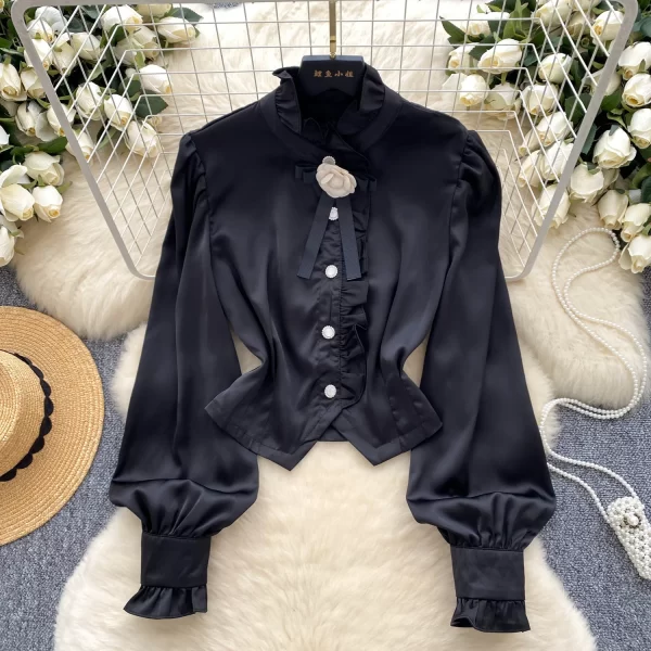 LW0371 French Top 2025 Spring Flower Waist Full Long Sleeve Single Breasted Chic Shirt Blouses Elegant Women Ladies