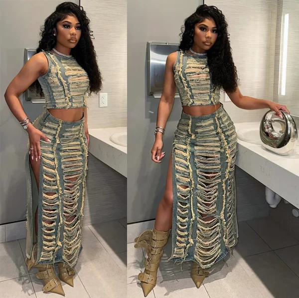 New Summer Fashion Ripped Denim Two Piece Skirt Suit Women's Denim Suit Cropped Vest and Split Skirt Suit