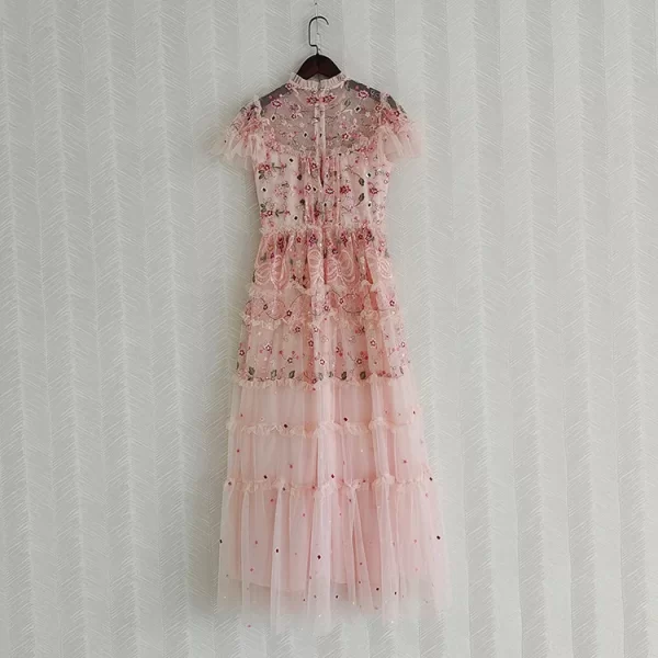 LE2545 High Quality Maxi Gauze Dresses Woman Elegant Socialite Holiday Embroidery Lace Dress Embroidered Floral Evening Gown