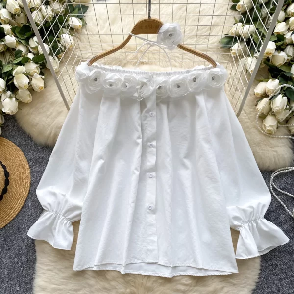 LW0506 Gentle Wind Set Diamond Flower Line Neck Off-The-Shoulder Slimming Loose Long-Sleeved Shirts for Women