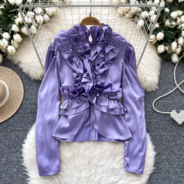 LW0354 2025 Spring Vintage Shirt Female Autumn Fungus Edge Zipper Light Luxury Royal Sister Blouse Blouses Elegant Women Ladies