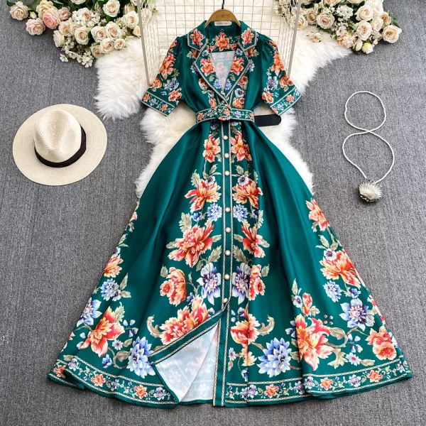LE2473 Ethnic Maxi Flower Print Dress Lady Elegant Suit Collar Evening Gown Single Breasted A-Line Socialite Party Casual Dress