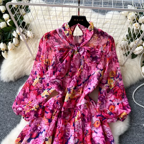 LE2441 2025 Women'S Boutique Chiffon Dresses Elegant Floral Printed Dress Office Ladies Holiday Socialite Party Flowing Robe