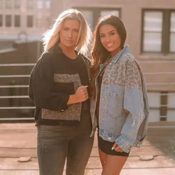 Long Sleeve Jacket Vintage Women's Jacket Leopard Patchwork Ripped Denim Top Casual Cowboy Denim Jacket