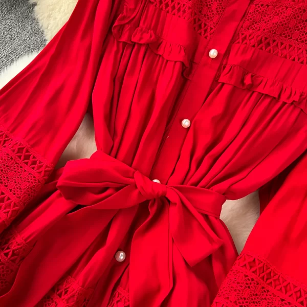 LE2552 Solid Hollow Out Embroidery Maxi Dresses Women Lady Elegant Runway Lace Stitching Evening Gown Holiday Long Casual Dress