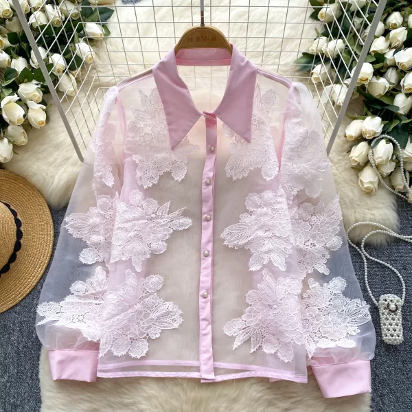 LW0503 2025 New High-Class Floral Embroidery All-In-One Slimming Single Breasted Tulle Shirt Blouses Elegant Women Ladies