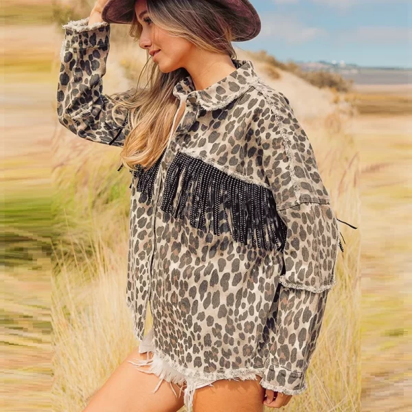 New Fringe Denim Jacket Women's Spring Washed and Old Leopard Print Denim Jacket
