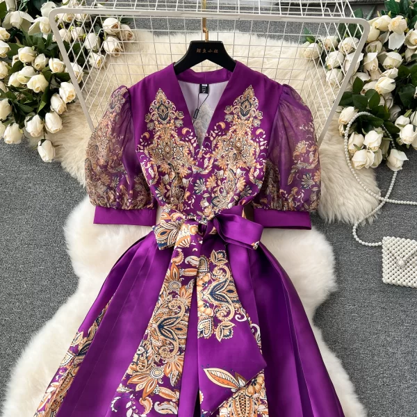 LE2463 Vintage Print Dress Ethnic Style Socialite Dinner Party One-Piece Wrap Midi Dress Women Elegant Gauze Belted Evening Robe