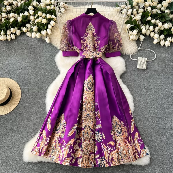 LE2463 Vintage Print Dress Ethnic Style Socialite Dinner Party One-Piece Wrap Midi Dress Women Elegant Gauze Belted Evening Robe