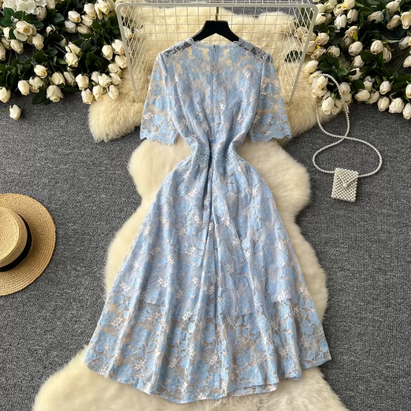 LE2571 Summer Retro Lace Elegant Party Dresses 2025 Women Boutique Hollow Hook Flower Embroidery Midi Dress A-Line Female Dress