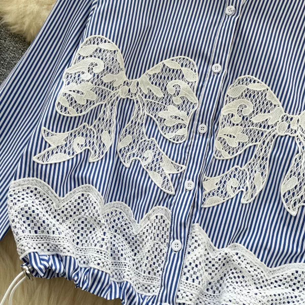 LW0594 Chic Bow Lace Embroidery Striped Shirt Women'S Design Sense Draw Rope Waist Shirt Blouses Elegant Women Ladies
