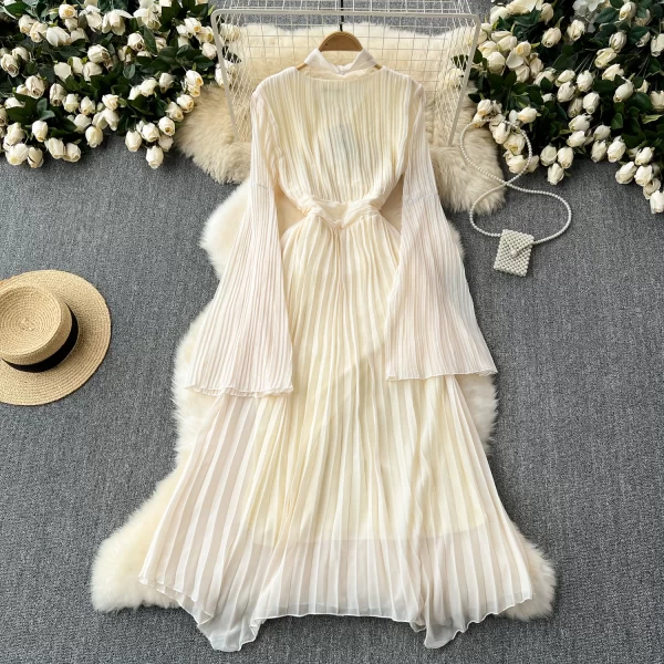 LE2531 Elegant Pleated Evening Dress Lady Maxi Casual Dress Women  Vintage Flared Long-Sleeved Draping Chiffon Holiday Dresses
