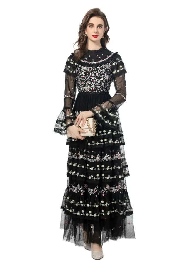 LE2542 High Quality Lace Dress Women Elegant Heavy Embroidery Sequin Long Dress European Socialite Holiday Party Mesh Dresses