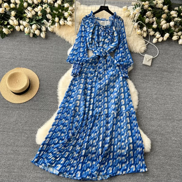 LE2565 Autumn Elegant Party Maxi Dresses Chiffon Pleated Printed Dress Women'S Boutique Bubble Long Sleeve Floral Holiday Robe