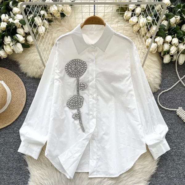 LW0591 Spring Day Shirt 2025 New Diamond-Encrusted Three-Dimensional Flower Single Breasted Shirts for Women Tops