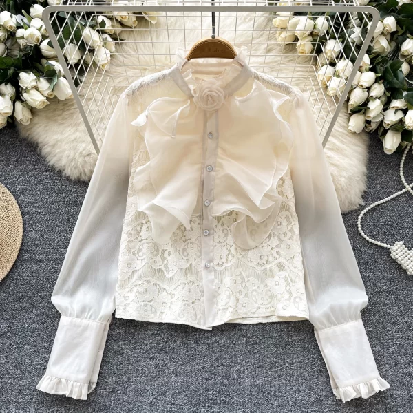 LW0595 Court Style Shirt Lady Three-Dimensional Flower Ruffled Lace Patchwork Long Sleeve Mesh Blouses Elegant Women