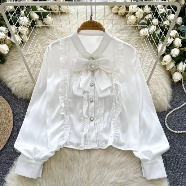 LW0517 High Sense Bow Decorated Long Sleeve Satin Top for Women With a Slim Chic Tops for Women Formal