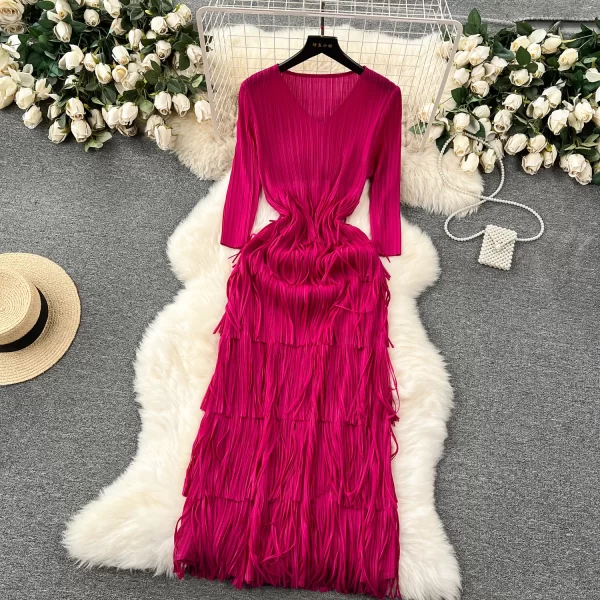 LE2515 Luxury Draped Tassels Midi Dresses Female Loose Ruffled Dress Socialite Evening Gown Elegant Large Size Party Long Dress