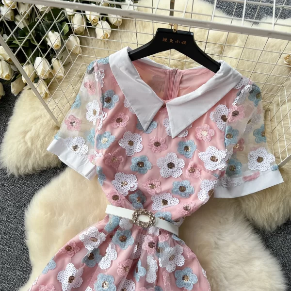 LE2527 Luxury Flower Sequined Lace Midi Dresses Vintage Polo Collar Heavy Embroidery Woman Dress Socialite'S Party Gauze Dress