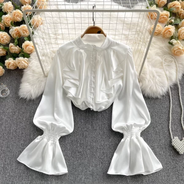 LW0363 French Shirt for Women Design Sense Ruffled Collar Single Breasted Temperament Lantern Sleeve Top 2025 Spring