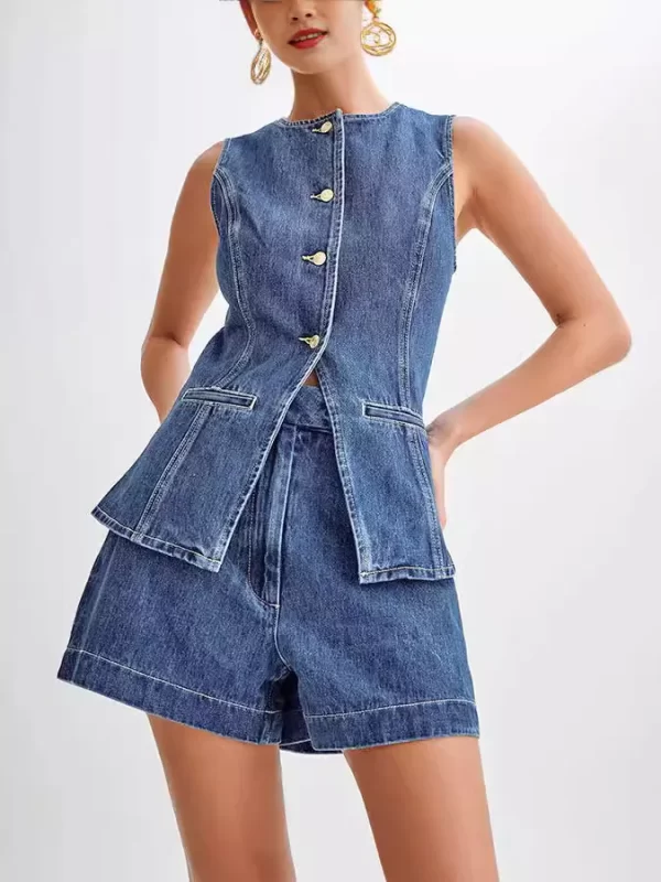 Summer Fashion Casual Sleeveless High Waisted Women's Suit Denim Shorts Suit