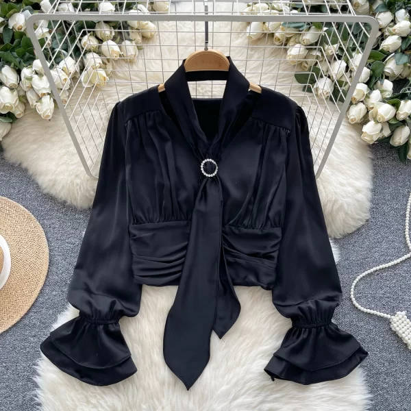 LW0367 Small Crowd Waist Shirt Women French 2025 New Halter Neck Pleated Horn Sleeve Satin Top Blouses Elegant Women Ladies