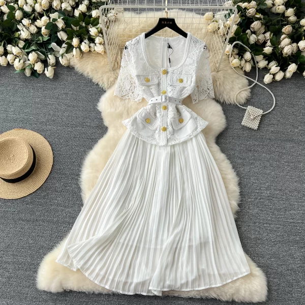 LE2458 Women Embroidery Pleated Long Dress Socialite Holiday Party Hollow Hook Flower Casual Dress Boutique Lace Midi Dresses