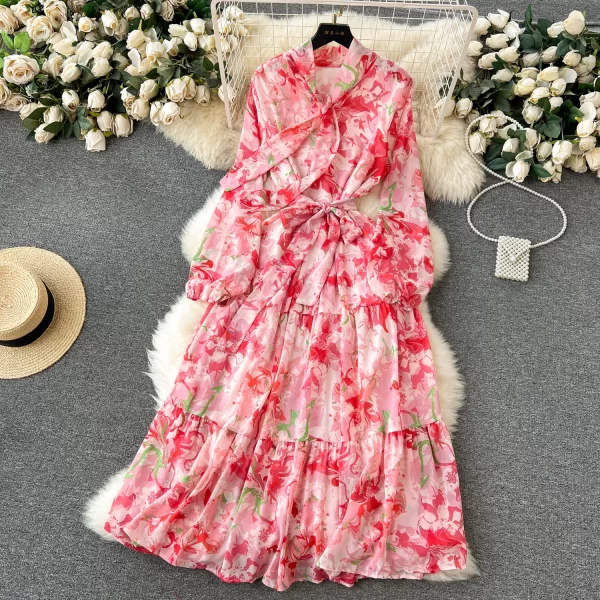LE2566 2025 Autumn Socialite Party Midi Dress Temperament  Printed Dress Women'S Boutique Bubble Long Sleeve Floral Holiday Robe