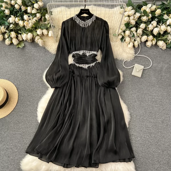 LE2504 Runway Midi Dresses Heavy Industry Chain Fringe Flowery Long Dresses Women Boutique Outfit Socialite Holiday Party Dress
