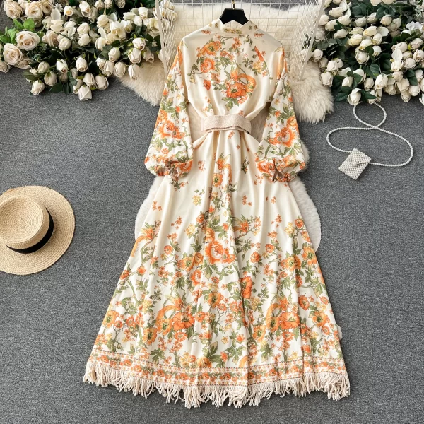 LE2469 Ethnic Style Loose Evening Gown Vintage Maxi Printed Dresses Woman Stand Collar Long Sleeve Tassels Dinner Long Dresses