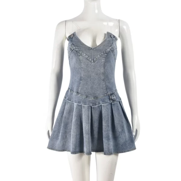 Summer New Elegant Denim Dress Women's Jeans Sexy Strapless Sleeveless Pleated V-neck Denim Dress for Lady Women