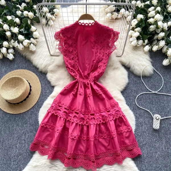 LE2575 Women Boutique Lace Elegant Party Short Dresses Hollow Hook Flower Lace Patchwork Mini Dress A-Line Female Dresses 2025