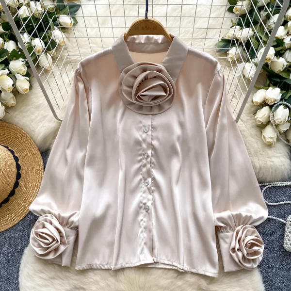 LW0503 2025 New Advanced Sense Flower Lapel Single Breasted Lantern Sleeve Top Small French Satin Shirts for Women Tops